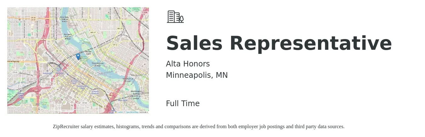 Alta Honors job posting for a Sales Representative in Minneapolis, MN with a salary of $55,800 to $97,100 Yearly with a map of Minneapolis location.
