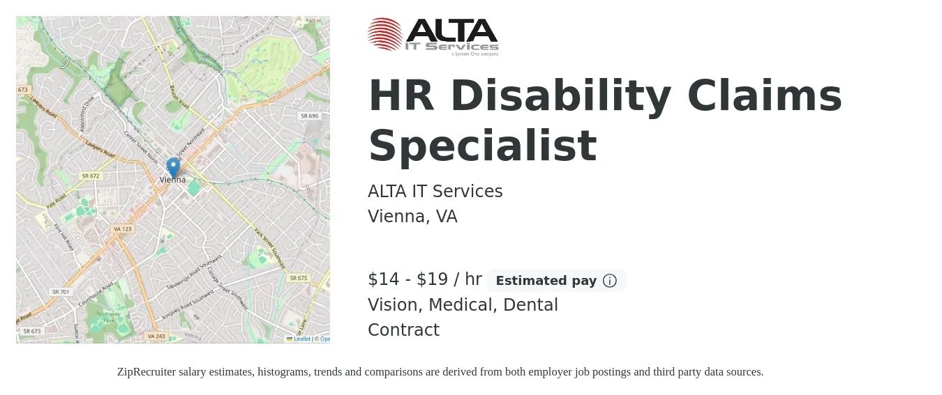 ALTA IT Services job posting for a HR Disability Claims Specialist in Vienna, VA with a salary of $15 to $20 Hourly and benefits including dental, life_insurance, medical, retirement, and vision with a map of Vienna location.