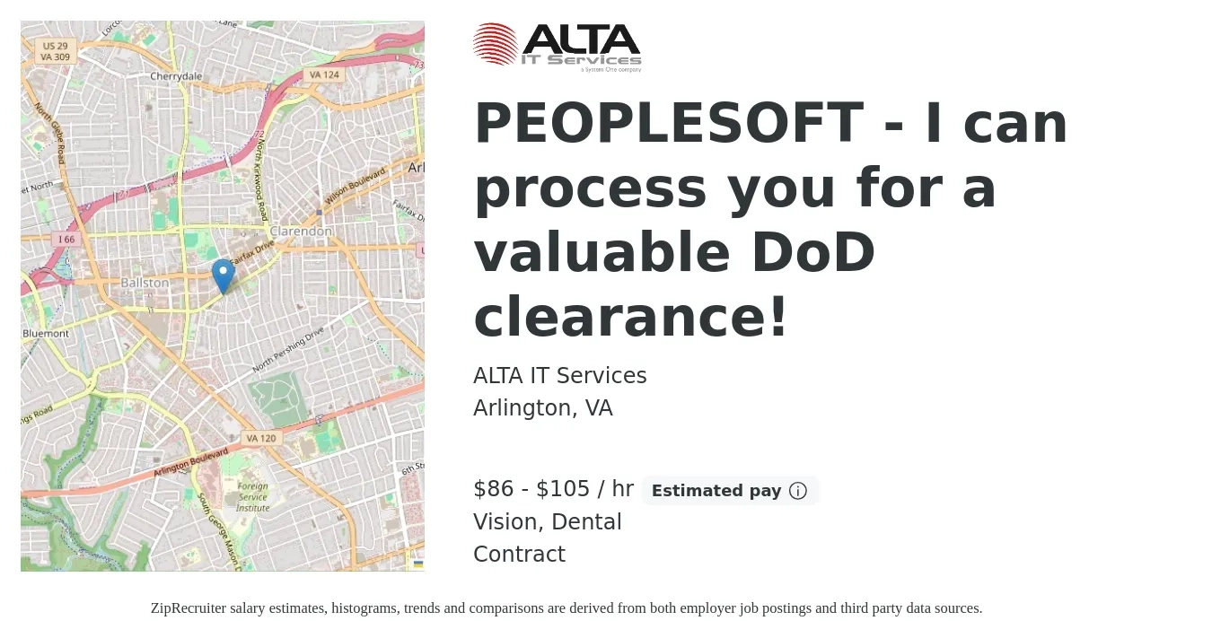 ALTA IT Services job posting for a PEOPLESOFT - I can process you for a valuable DoD clearance! in Arlington, VA with a salary of $90 to $110 Hourly and benefits including life_insurance, pto, vision, and dental with a map of Arlington location.