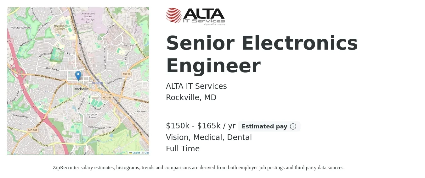 ALTA IT Services job posting for a Senior Electronics Engineer in Rockville, MD with a salary of $150,000 to $165,000 Yearly and benefits including dental, life_insurance, medical, retirement, and vision with a map of Rockville location.