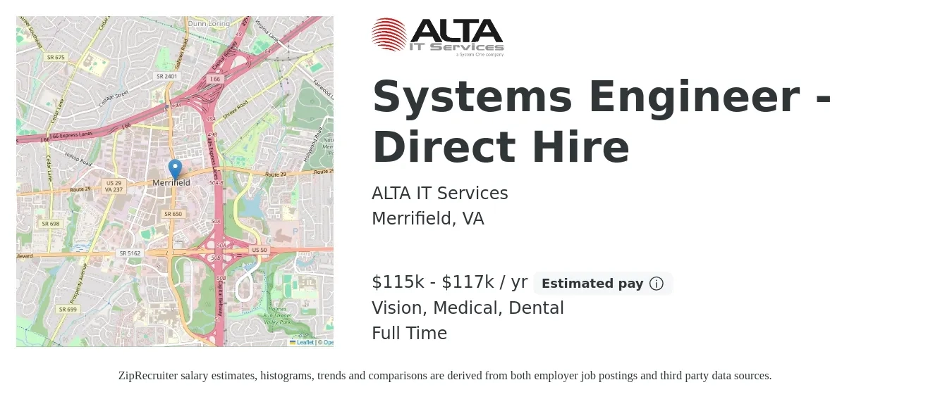 ALTA IT Services job posting for a Systems Engineer - Direct Hire in Merrifield, VA with a salary of $115,000 to $117,000 Yearly and benefits including dental, life_insurance, medical, retirement, and vision with a map of Merrifield location.