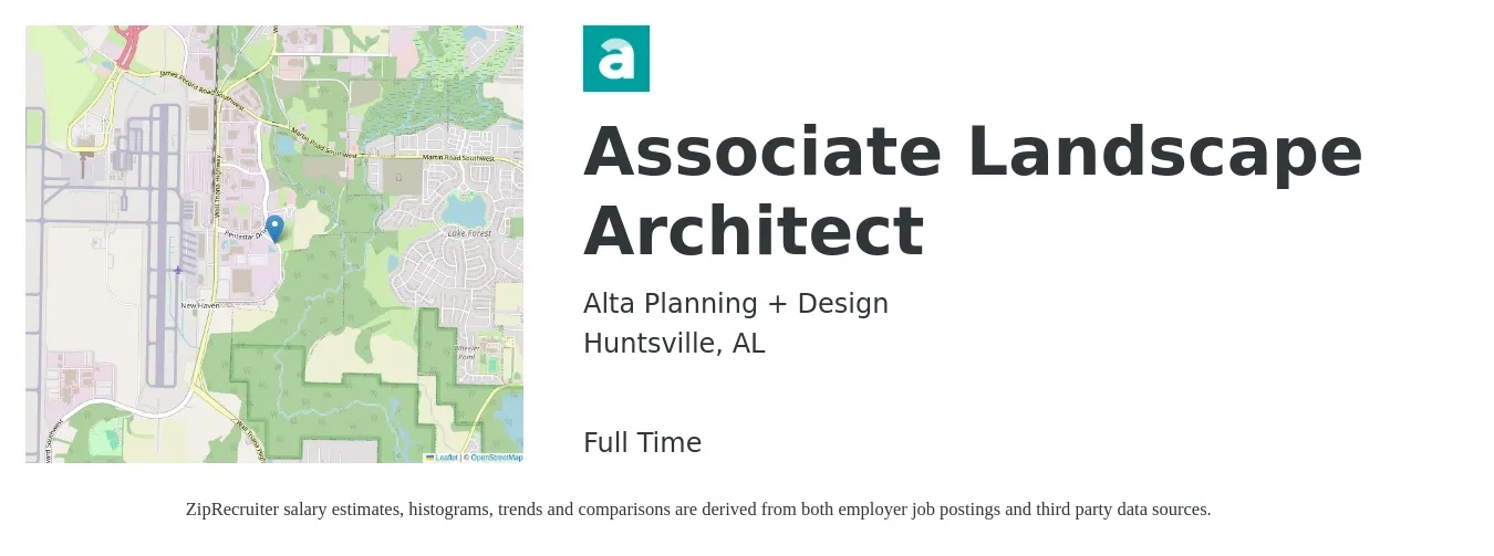 Alta Planning + Design job posting for a Associate Landscape Architect in Huntsville, AL with a salary of $68,000 to $93,600 Yearly with a map of Huntsville location.