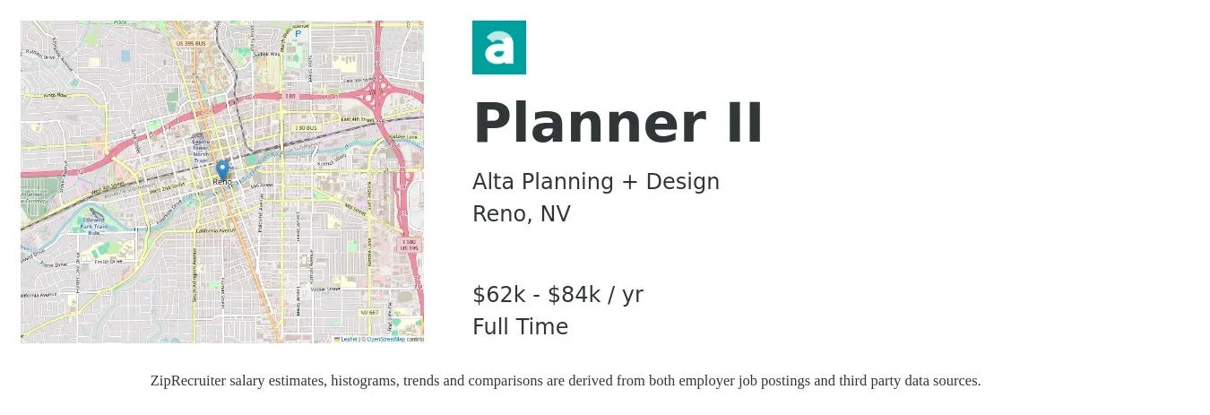 Alta Planning + Design job posting for a Planner II in Reno, NV with a salary of $62,300 to $84,500 Yearly with a map of Reno location.