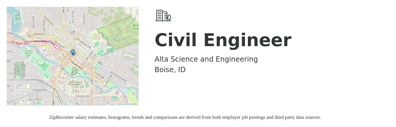 Alta Science and Engineering job posting for a Civil Engineer in Boise, ID with a salary of $70,000 to $95,000 Yearly with a map of Boise location.