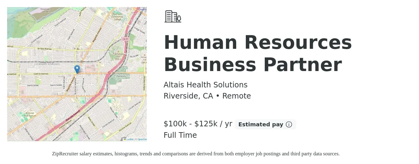 Altais Health Solutions job posting for a Human Resources Business Partner in Riverside, CA with a salary of $100,000 to $125,000 Yearly with a map of Riverside location.