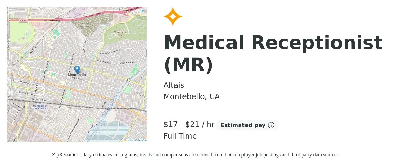 Altais job posting for a Medical Receptionist (MR) in Montebello, CA with a salary of $18 to $22 Hourly with a map of Montebello location.