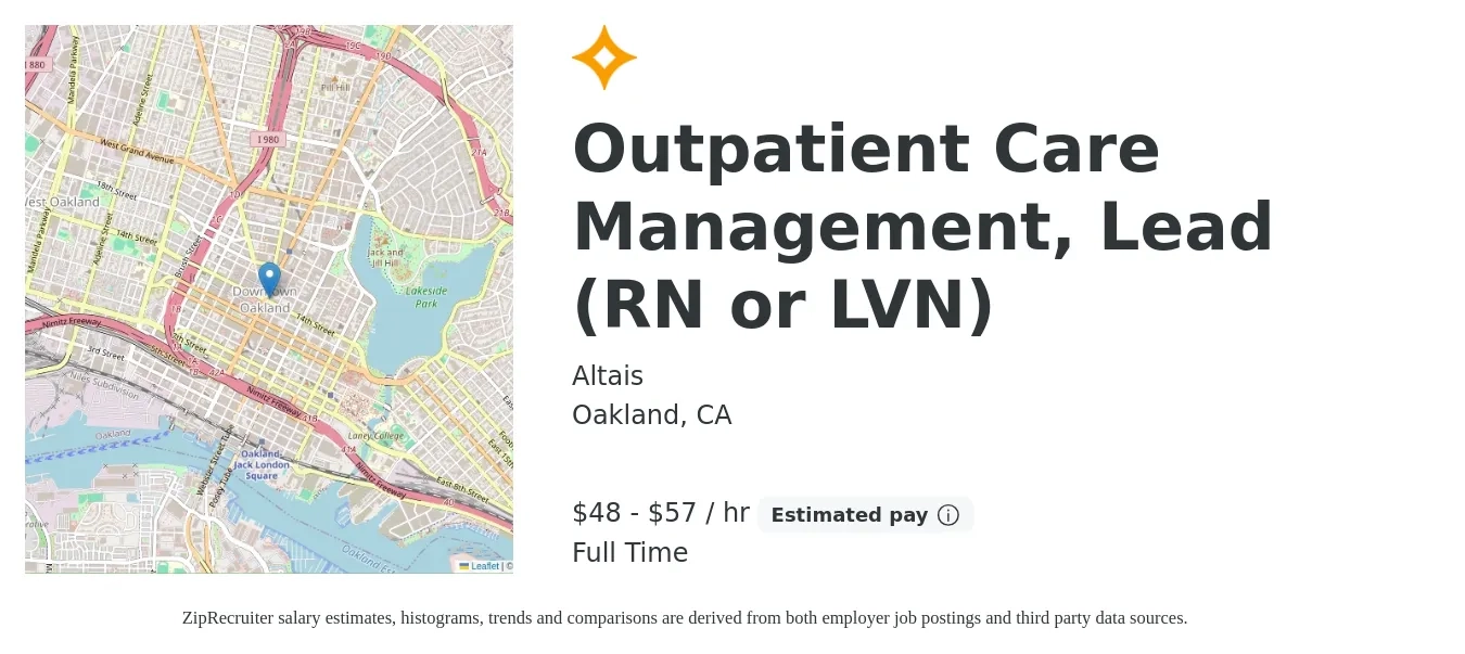 Altais job posting for a Outpatient Care Management, Lead (RN or LVN) in Oakland, CA with a salary of $50 to $60 Hourly with a map of Oakland location.