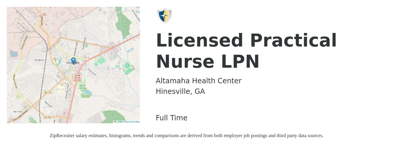 Altamaha Health Center job posting for a Licensed Practical Nurse LPN in Hinesville, GA with a salary of $24 to $32 Hourly with a map of Hinesville location.