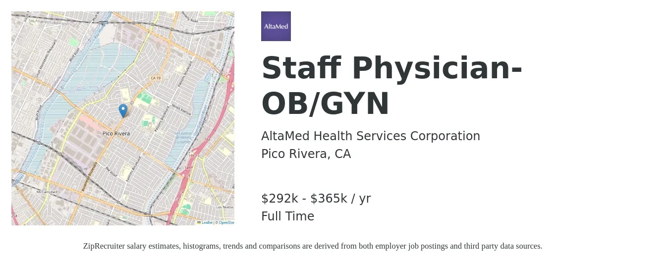 AltaMed Health Services Corp job posting for a Staff Physician, OB/GYN in Pico Rivera, CA with a salary of $292,144 to $365,180 Yearly with a map of Pico Rivera location.