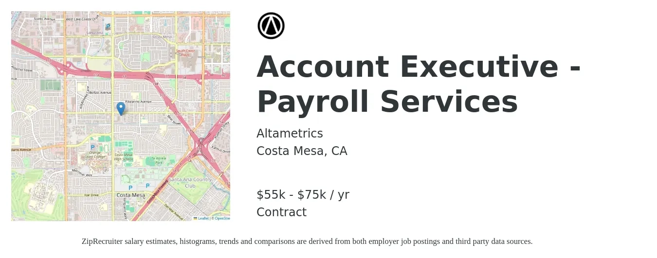 Altametrics job posting for a Account Executive - Payroll Services in Costa Mesa, CA with a salary of $55,000 to $75,000 Yearly with a map of Costa Mesa location.