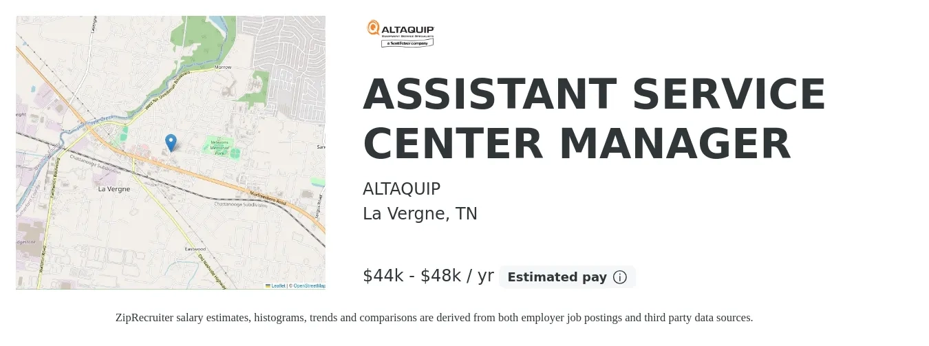 ALTAQUIP job posting for a ASSISTANT SERVICE CENTER MANAGER in La Vergne, TN with a salary of $44,000 to $48,000 Yearly with a map of La Vergne location.