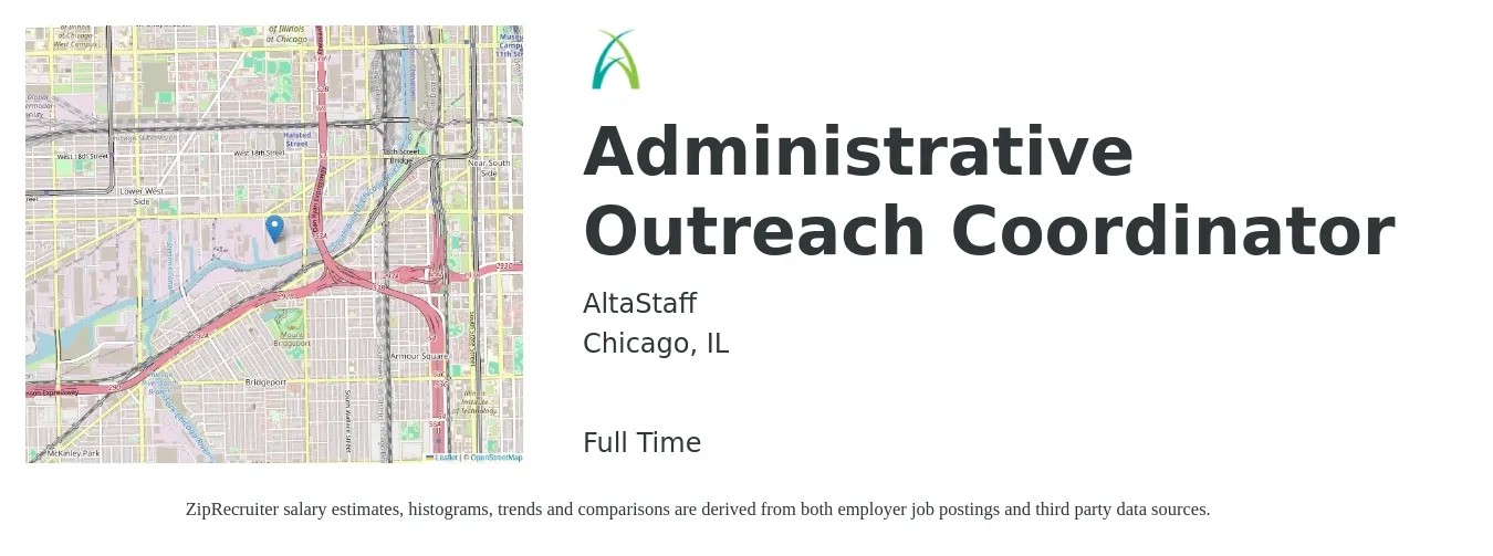 AltaStaff job posting for a Administrative Outreach Coordinator in Chicago, IL with a salary of $16 Hourly with a map of Chicago location.