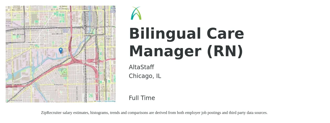 AltaStaff job posting for a Bilingual Care Manager (RN) in Chicago, IL with a salary of $33 to $40 Hourly with a map of Chicago location.
