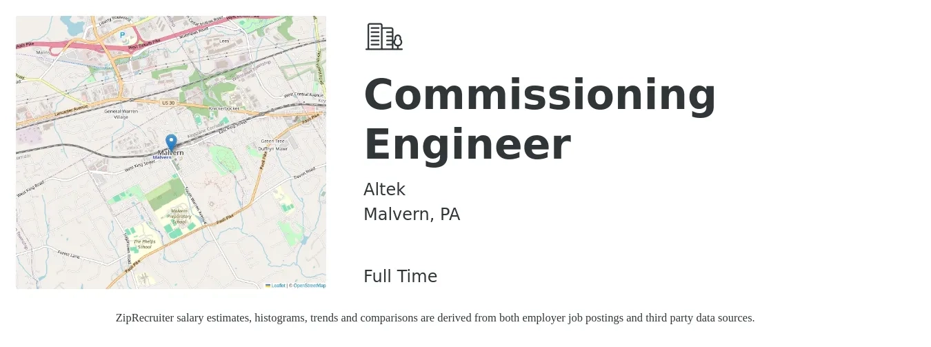 Altek job posting for a Commissioning Engineer in Malvern, PA with a salary of $78,000 to $127,600 Yearly with a map of Malvern location.