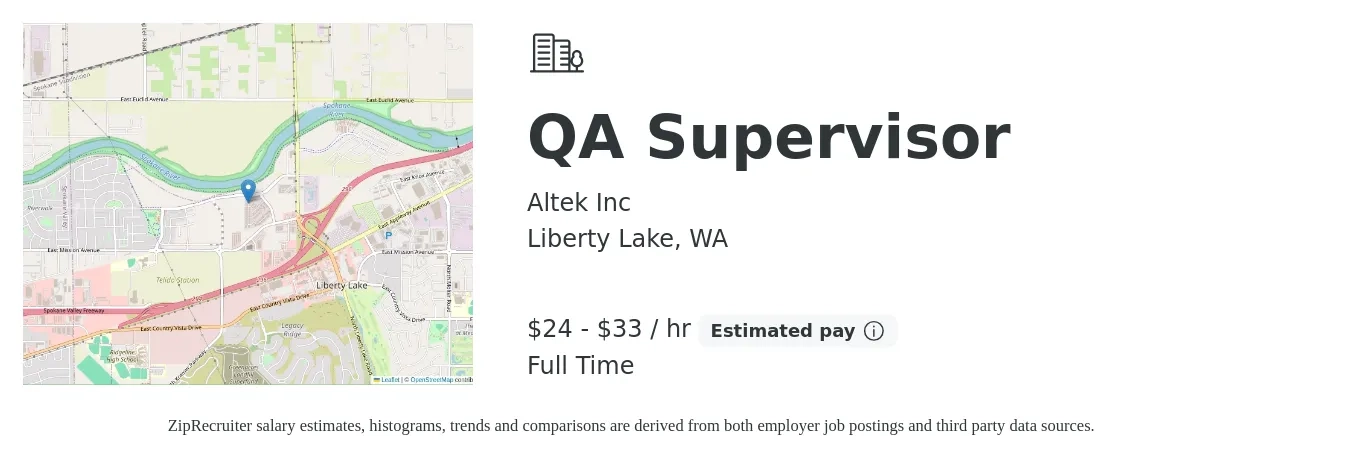 Altek Inc job posting for a QA Supervisor in Liberty Lake, WA with a salary of $25 to $35 Hourly with a map of Liberty Lake location.