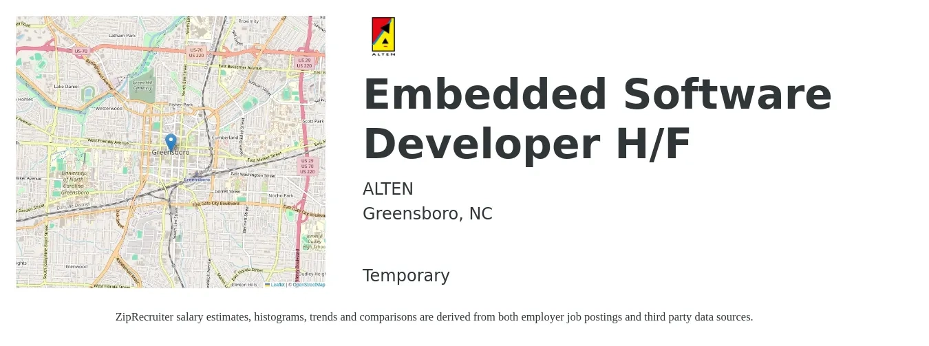 Alten job posting for a Embedded Software Developer H/F in Greensboro, NC with a salary of $50 to $70 Hourly with a map of Greensboro location.