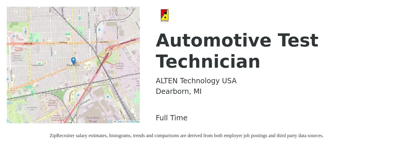 ALTEN Technology USA job posting for a Automotive Test Technician in Dearborn, MI with a salary of $20 to $28 Hourly with a map of Dearborn location.