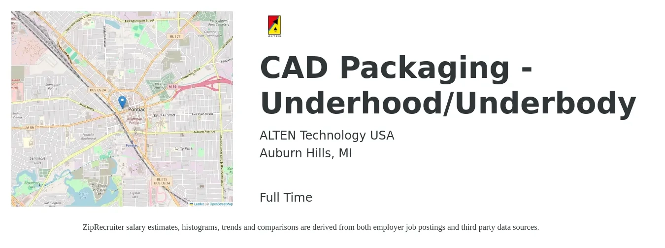 ALTEN Technology USA job posting for a CAD Packaging - Underhood/Underbody in Auburn Hills, MI with a salary of $66,200 to $113,100 Yearly with a map of Auburn Hills location.