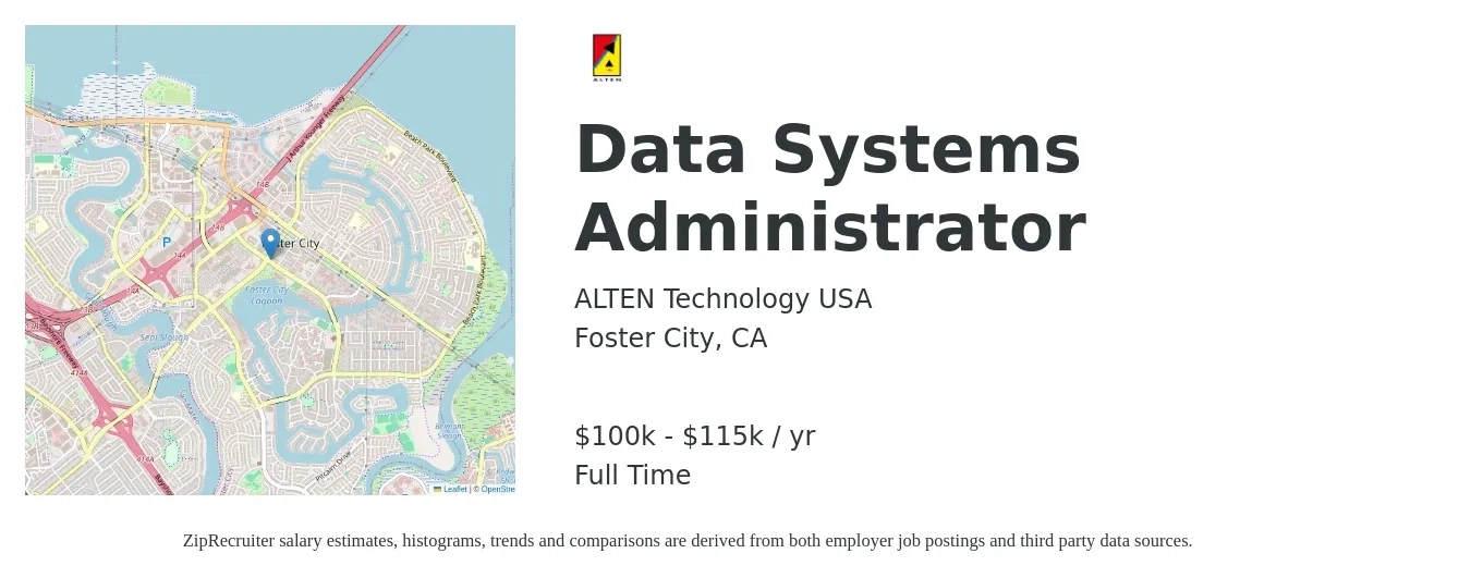 ALTEN Technology USA job posting for a Data Systems Administrator in Foster City, CA with a salary of $100,000 to $115,000 Yearly with a map of Foster City location.