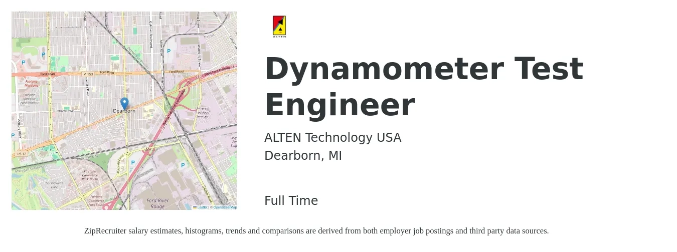 ALTEN Technology USA job posting for a Dynamometer Test Engineer in Dearborn, MI with a salary of $32 to $50 Hourly with a map of Dearborn location.