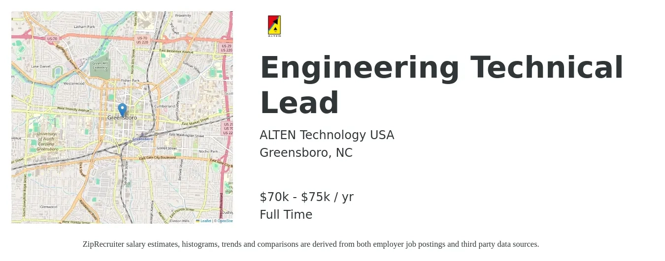 ALTEN Technology USA job posting for a Engineering Technical Lead in Greensboro, NC with a salary of $70,000 to $75,000 Yearly with a map of Greensboro location.