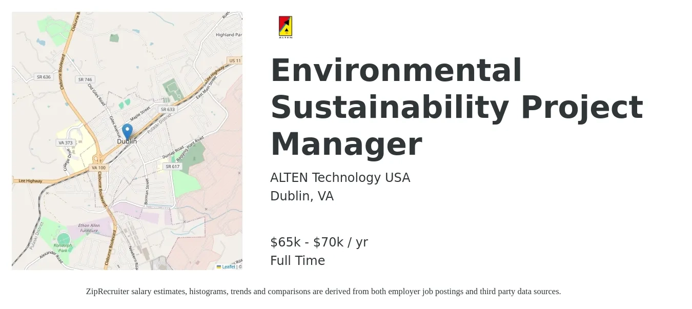 ALTEN Technology USA job posting for a Environmental Sustainability Project Manager in Dublin, VA with a salary of $65,000 to $70,000 Yearly with a map of Dublin location.