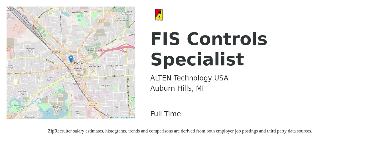 ALTEN Technology USA job posting for a FIS Controls Specialist in Auburn Hills, MI with a salary of $36 to $50 Hourly with a map of Auburn Hills location.