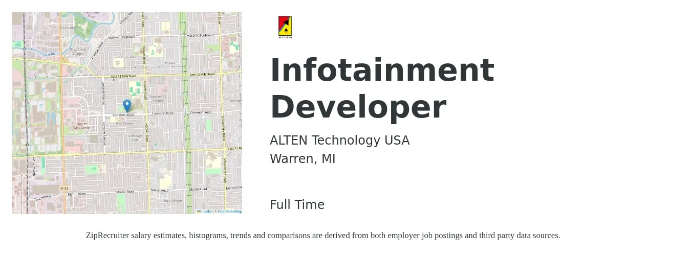 ALTEN Technology USA job posting for a Infotainment Developer in Warren, MI with a salary of $84,500 to $122,100 Yearly with a map of Warren location.