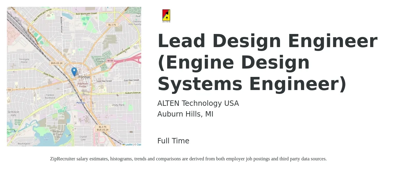 ALTEN Technology USA job posting for a Lead Design Engineer (Engine Design Systems Engineer) in Auburn Hills, MI with a salary of $94,600 to $129,700 Yearly with a map of Auburn Hills location.