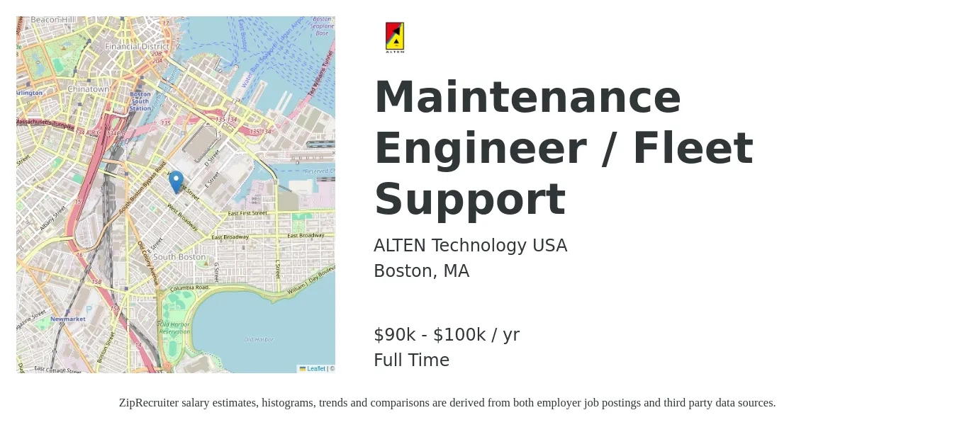 ALTEN Technology USA job posting for a Maintenance Engineer / Fleet Support in Boston, MA with a salary of $90,000 to $100,000 Yearly with a map of Boston location.