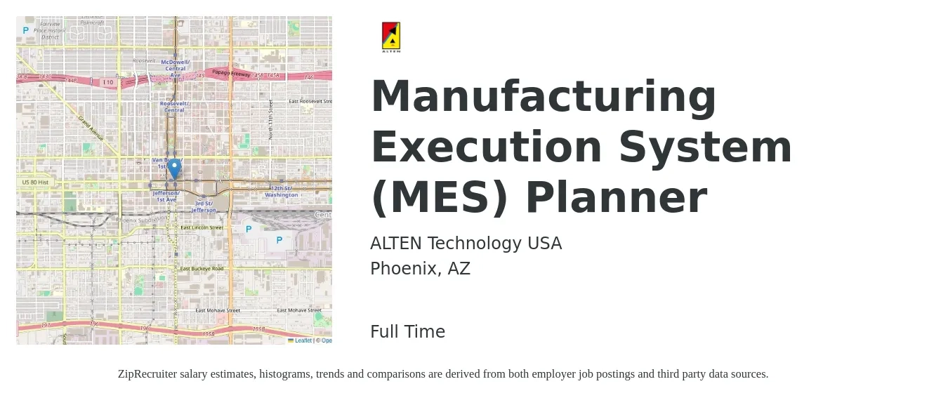 ALTEN Technology USA job posting for a Manufacturing Execution System (MES) Planner in Phoenix, AZ with a salary of $60,600 to $90,900 Yearly with a map of Phoenix location.