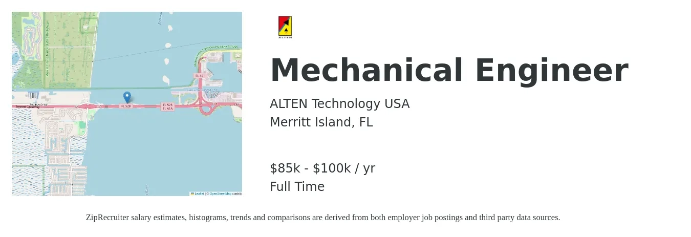 ALTEN Technology USA job posting for a Mechanical Engineer in Merritt Island, FL with a salary of $85,000 to $100,000 Yearly with a map of Merritt Island location.