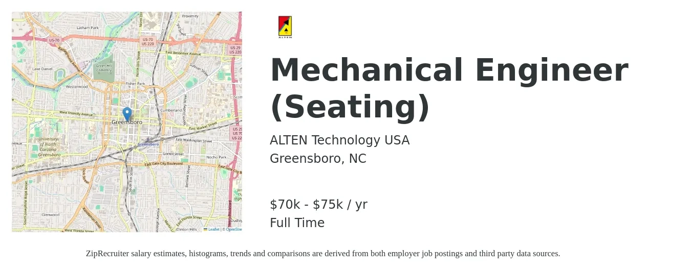 ALTEN Technology USA job posting for a Mechanical Engineer (Seating) in Greensboro, NC with a salary of $70,000 to $75,000 Yearly with a map of Greensboro location.