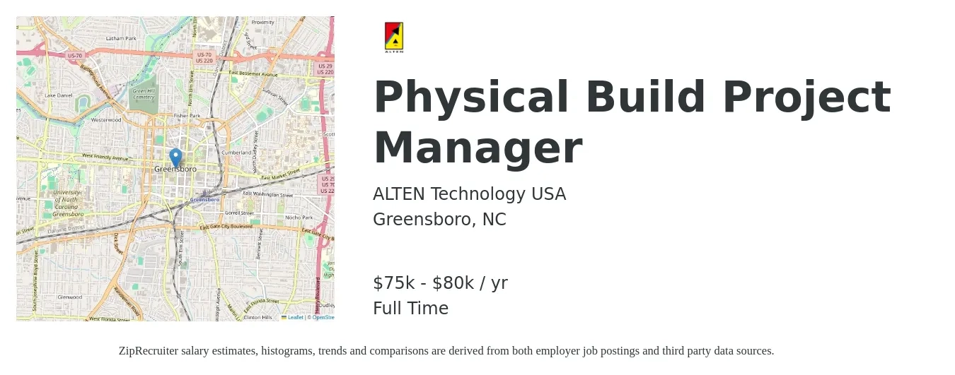 ALTEN Technology USA job posting for a Physical Build Project Manager in Greensboro, NC with a salary of $75,000 to $80,000 Yearly with a map of Greensboro location.
