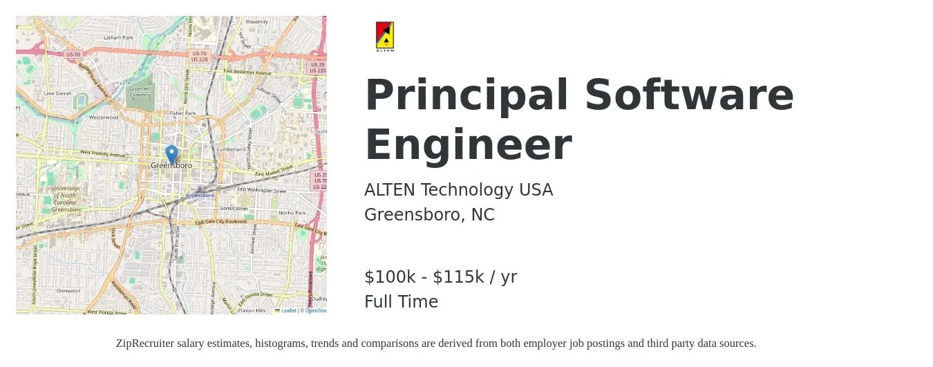 ALTEN Technology USA job posting for a Principal Software Engineer in Greensboro, NC with a salary of $100,000 to $115,000 Yearly with a map of Greensboro location.
