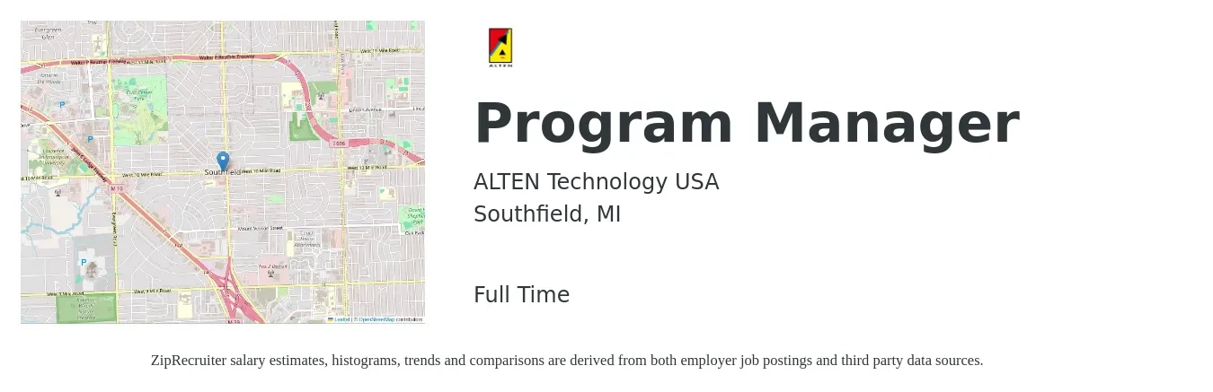 ALTEN Technology USA job posting for a Program Manager in Southfield, MI with a salary of $72,900 to $121,600 Yearly with a map of Southfield location.
