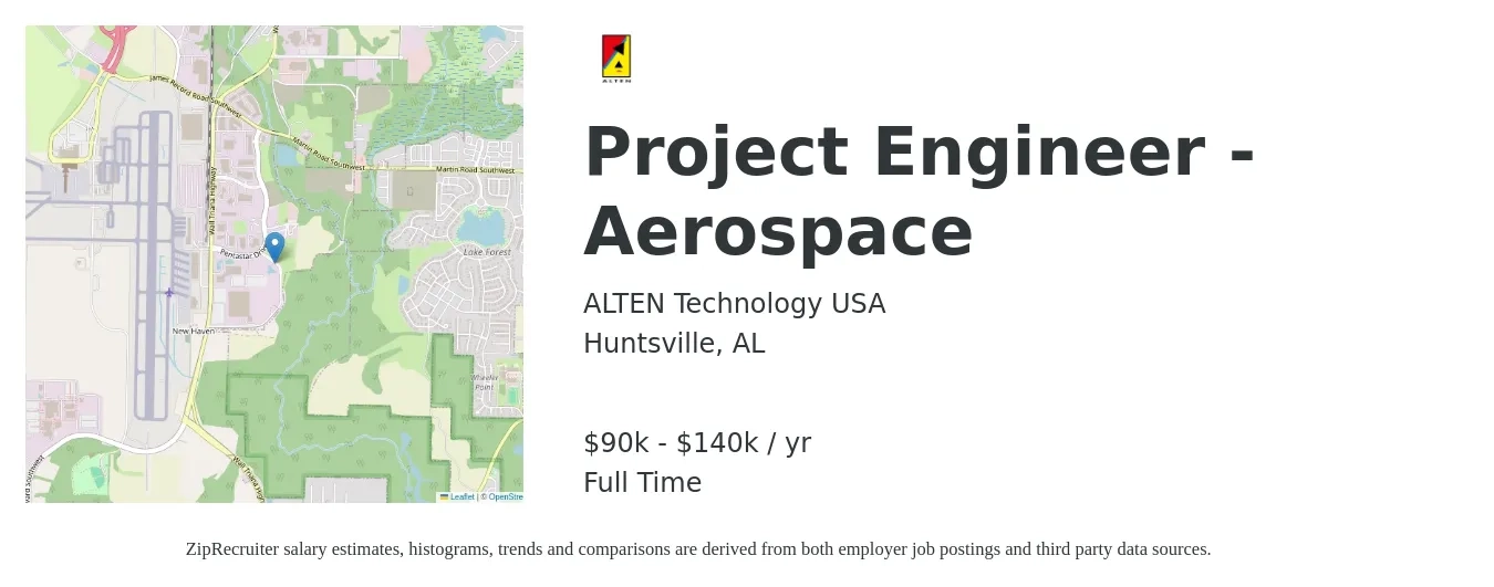 ALTEN Technology USA job posting for a Project Engineer - Aerospace in Huntsville, AL with a salary of $90,000 to $140,000 Yearly with a map of Huntsville location.