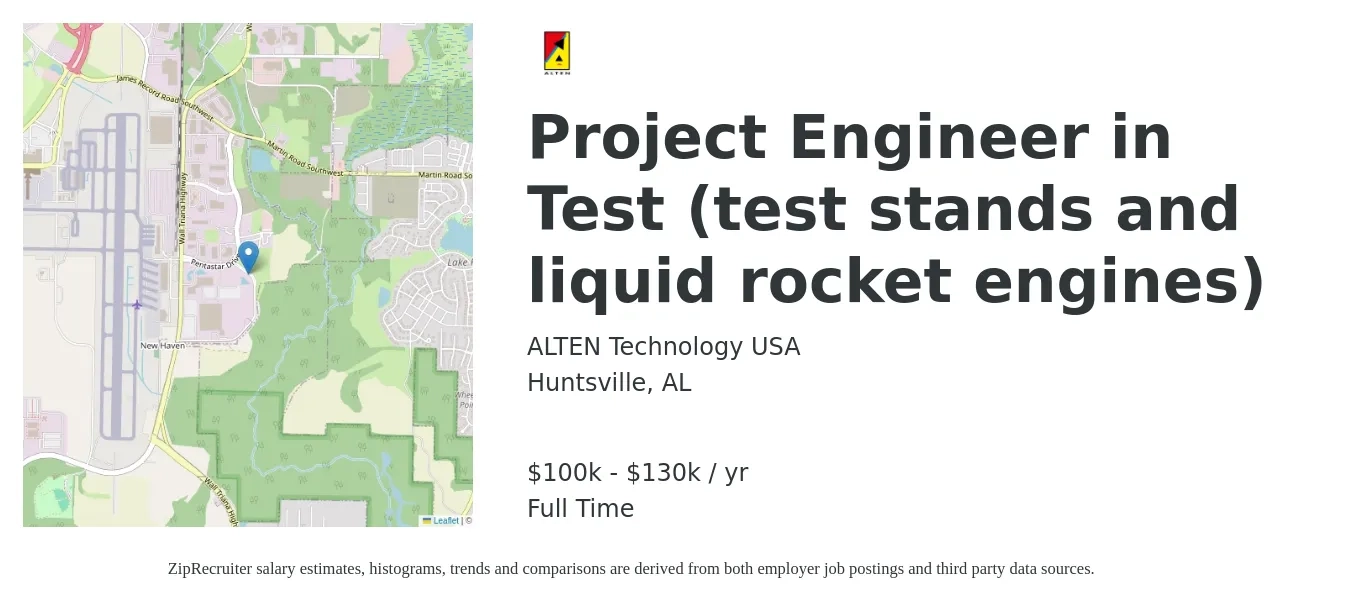 ALTEN Technology USA job posting for a Project Engineer in Test (test stands and liquid rocket engines) in Huntsville, AL with a salary of $100,000 to $130,000 Yearly with a map of Huntsville location.