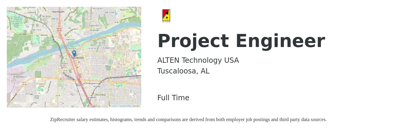 ALTEN Technology USA job posting for a Project Engineer in Tuscaloosa, AL with a salary of $68,700 to $96,000 Yearly with a map of Tuscaloosa location.