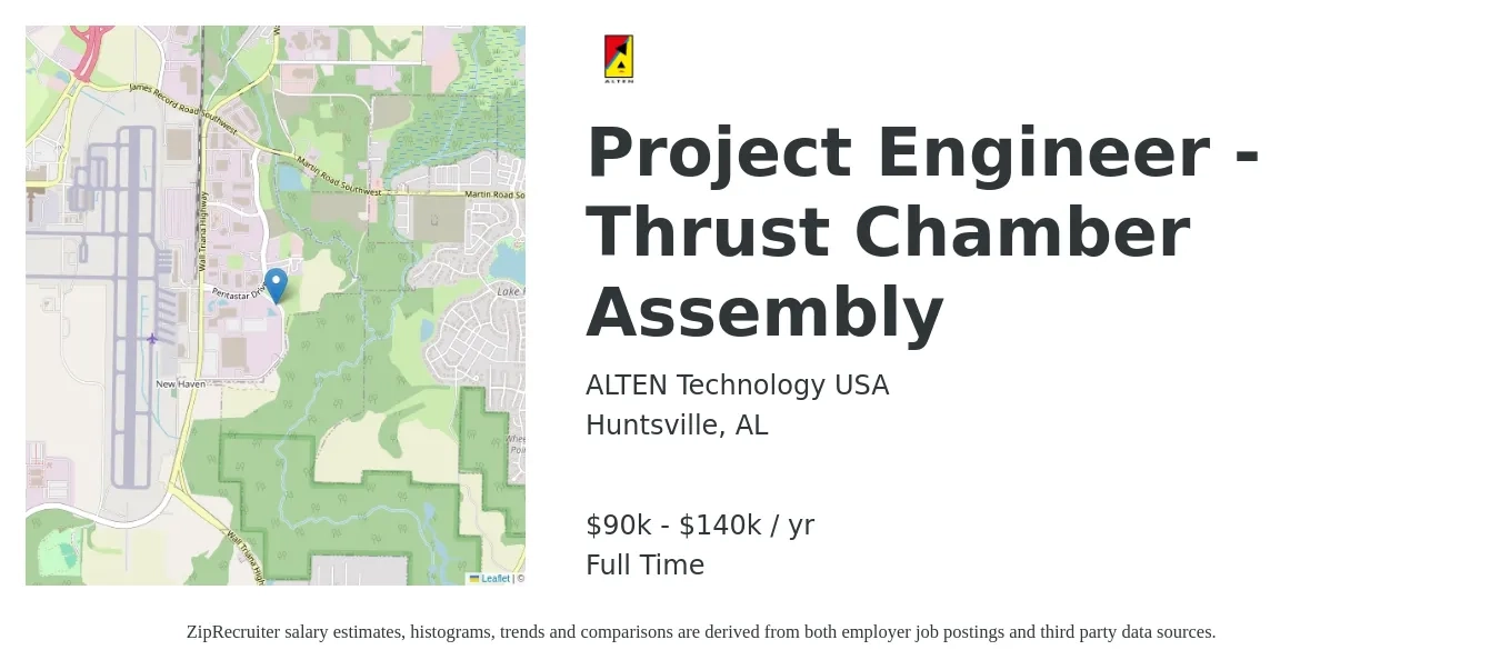 ALTEN Technology USA job posting for a Project Engineer - Thrust Chamber Assembly in Huntsville, AL with a salary of $90,000 to $140,000 Yearly with a map of Huntsville location.