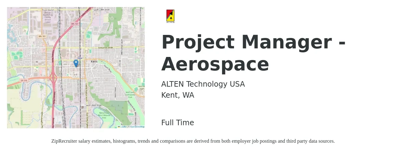 ALTEN Technology USA job posting for a Project Manager - Aerospace in Kent, WA with a salary of $97,600 to $138,900 Yearly with a map of Kent location.