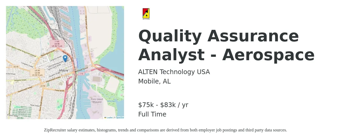 ALTEN Technology USA job posting for a Quality Assurance Analyst - Aerospace in Mobile, AL with a salary of $75,000 to $83,000 Yearly with a map of Mobile location.