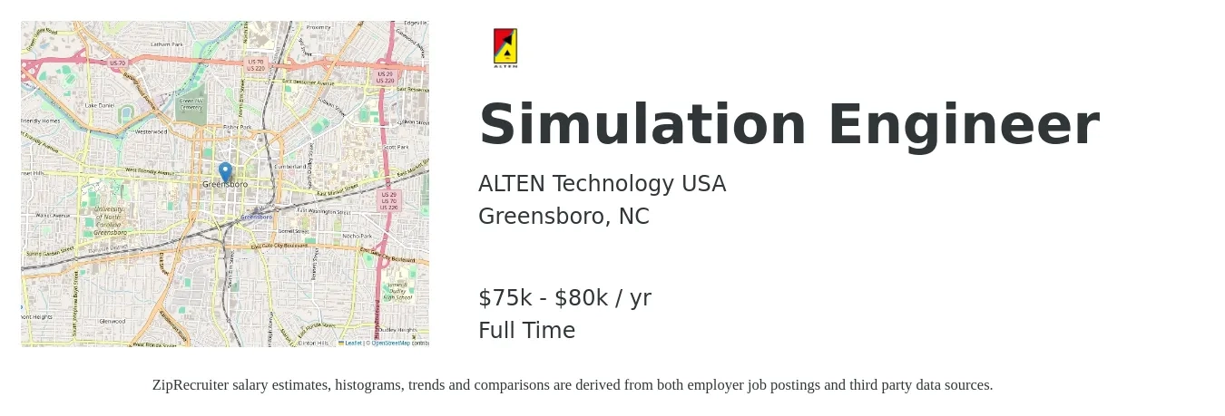 ALTEN Technology USA job posting for a Simulation Engineer in Greensboro, NC with a salary of $75,000 to $80,000 Yearly with a map of Greensboro location.