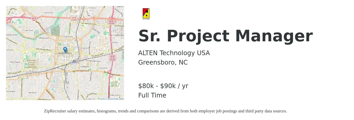 ALTEN Technology USA job posting for a Sr. Project Manager in Greensboro, NC with a salary of $80,000 to $90,000 Yearly with a map of Greensboro location.