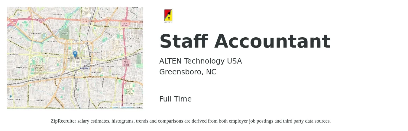ALTEN Technology USA job posting for a Staff Accountant in Greensboro, NC with a salary of $53,300 to $70,200 Yearly with a map of Greensboro location.