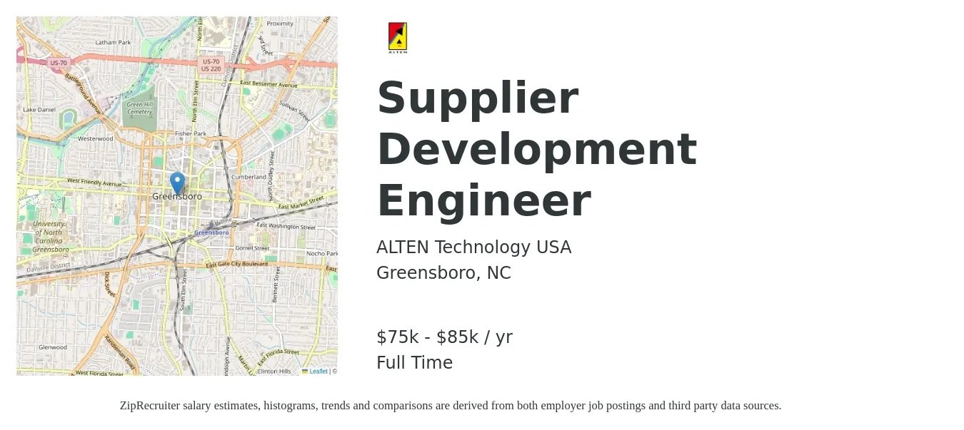 ALTEN Technology USA job posting for a Supplier Development Engineer in Greensboro, NC with a salary of $75,000 to $85,000 Yearly with a map of Greensboro location.