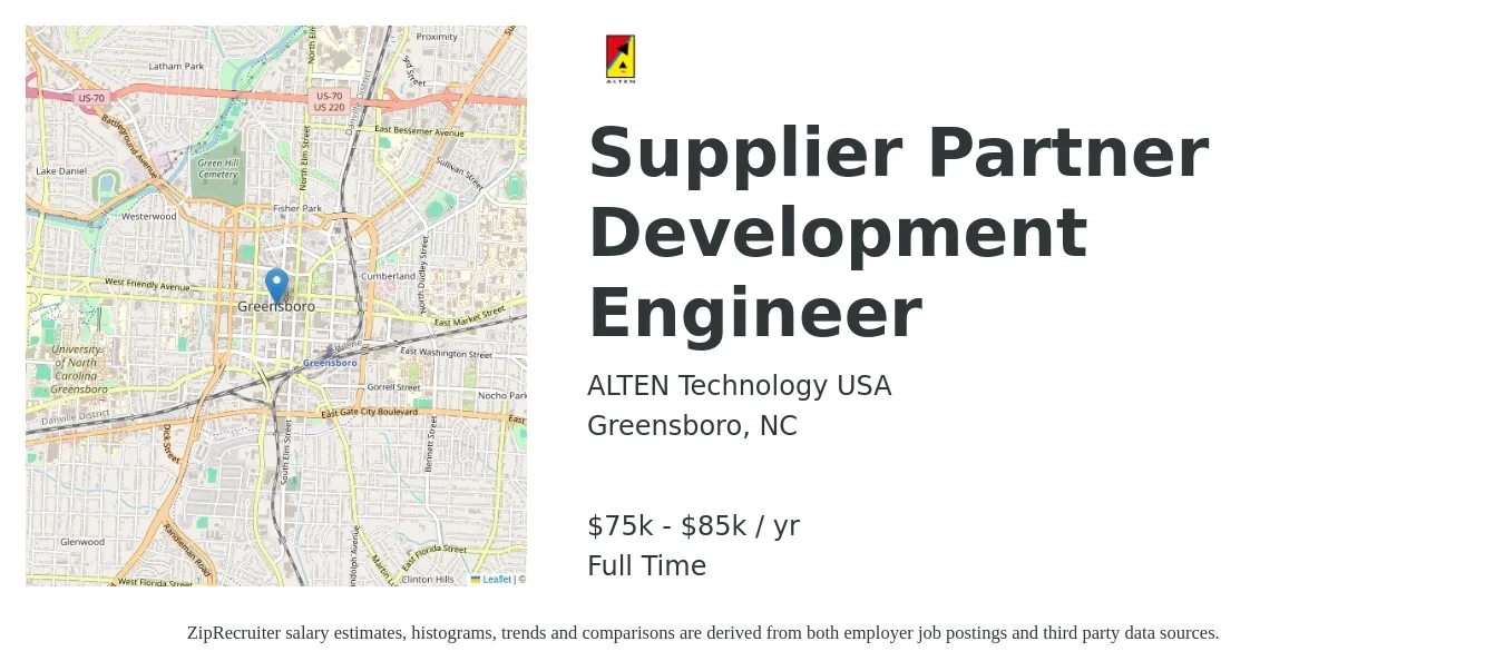 ALTEN Technology USA job posting for a Supplier Partner Development Engineer in Greensboro, NC with a salary of $75,000 to $85,000 Yearly with a map of Greensboro location.