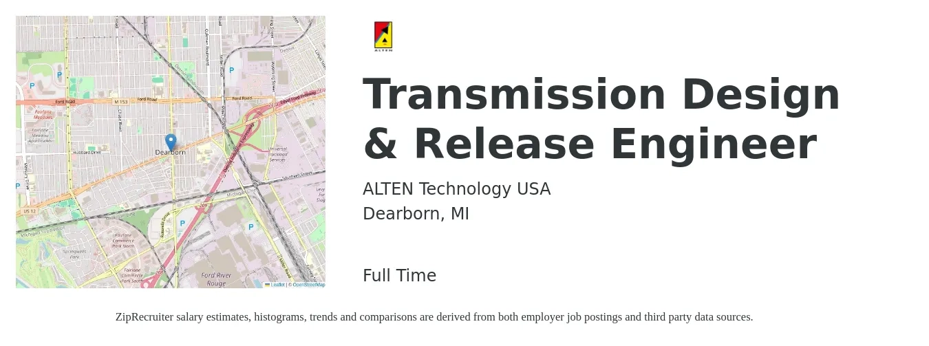 ALTEN Technology USA job posting for a Transmission Design & Release Engineer in Dearborn, MI with a salary of $37 to $42 Hourly with a map of Dearborn location.