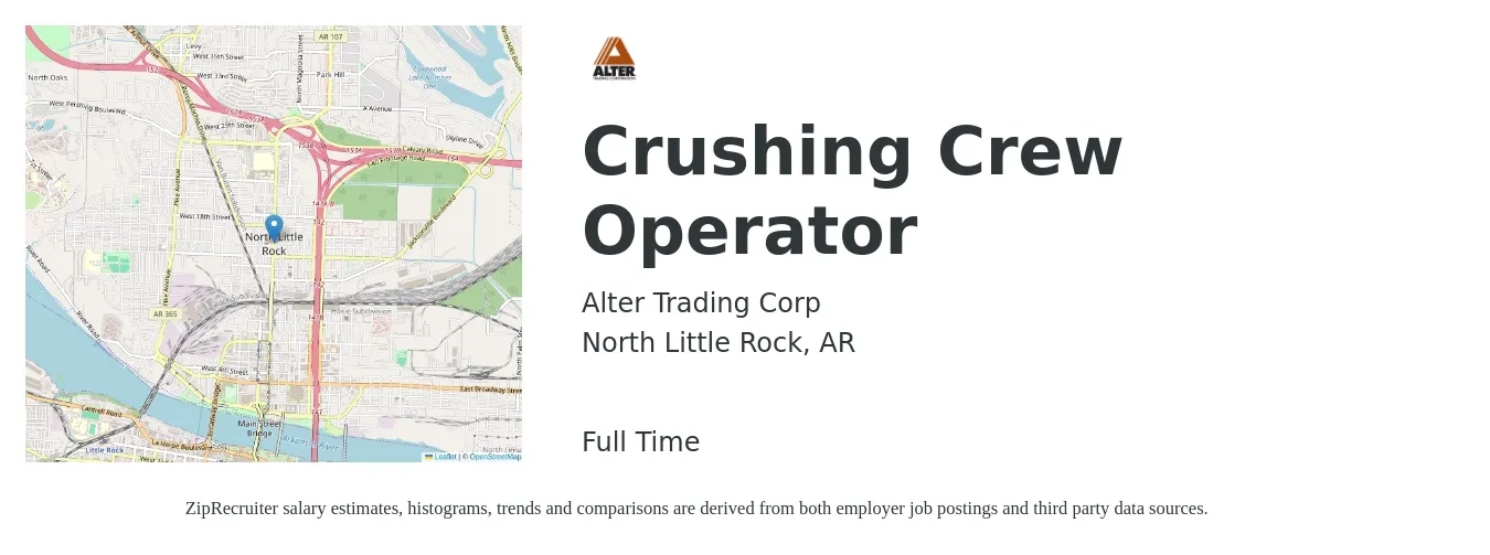 Alter Trading Corp job posting for a Crushing Crew Operator in North Little Rock, AR with a salary of $18 to $29 Hourly with a map of North Little Rock location.
