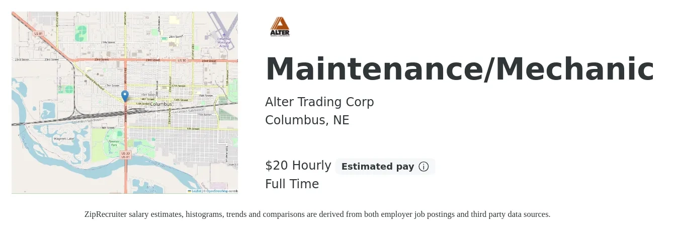 Alter Trading Corp job posting for a Maintenance/Mechanic in Columbus, NE with a salary of $21 Hourly with a map of Columbus location.
